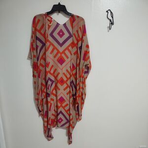 Michael Stars Women's Orange Purple Tan Geometric Wrap Poncho